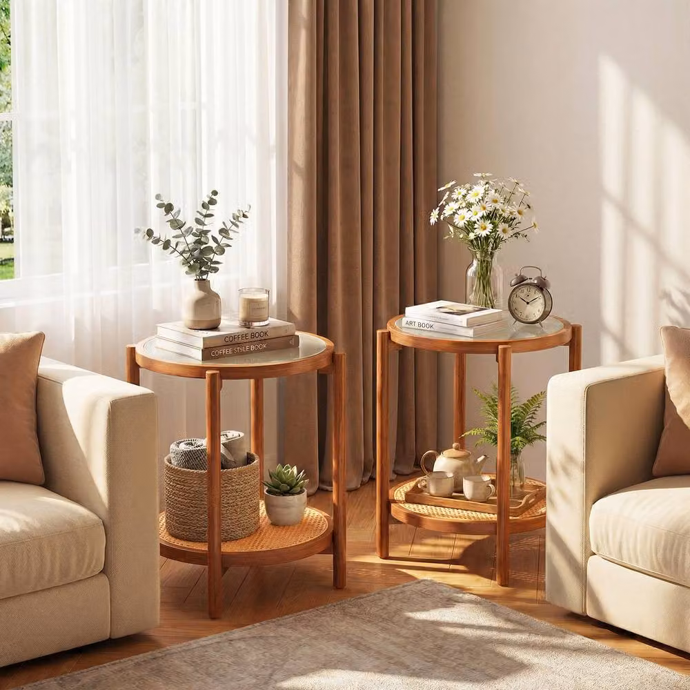 Gymax 2-Tier Round Boho Side Table in Brown Acacia Wood and Glass – 7