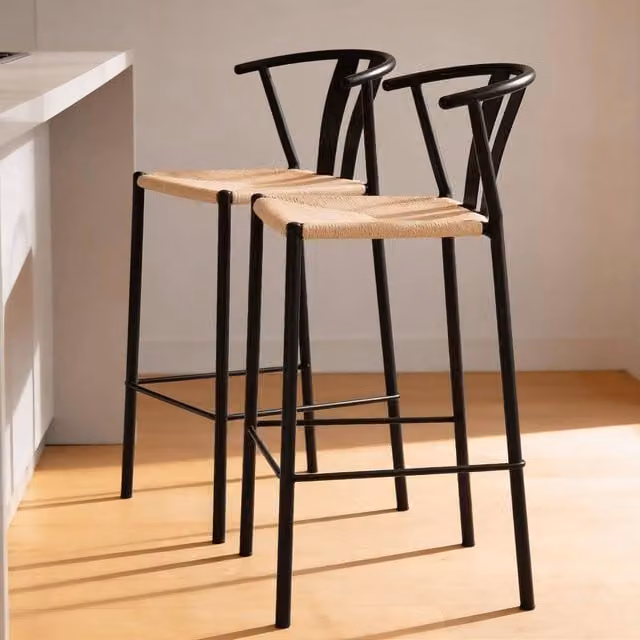 Home Source Eira Pair of Black Metal Bar Stools with Natural Woven Seats