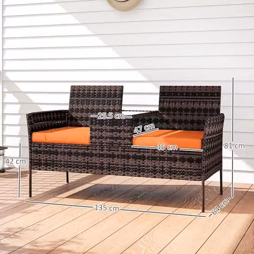Outsunny Rattan Garden Set with 2 Seater Outdoor Sofa, Coffee Table and Cushions in Brown and Orange – 3