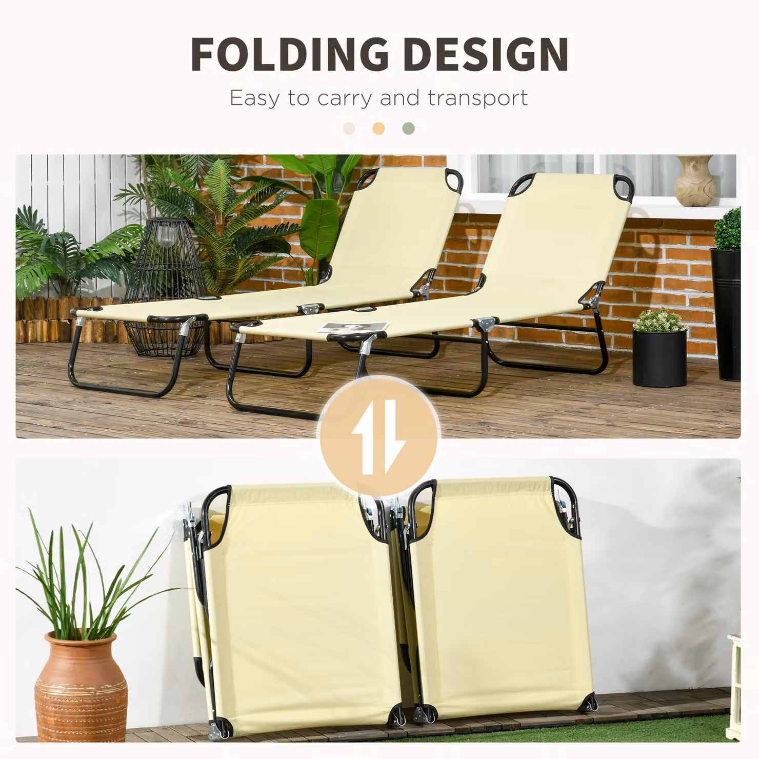 Outsunny Set of Two Beige Textilene Folding Sun Loungers with Powder Coated Steel Frames – 3