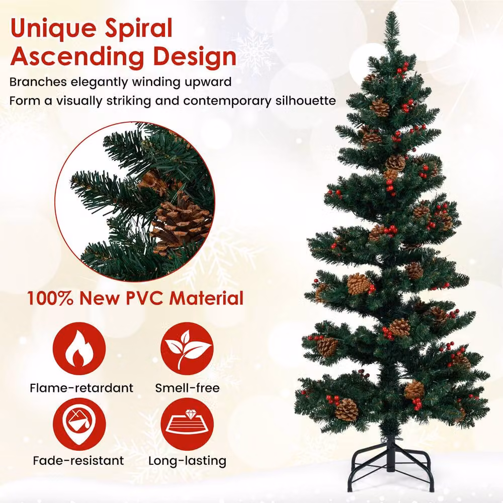 Gymax 5 FT Prelit Christmas Tree with 584 Branch Tips, Pine Cones and Red Berries in Green – 5