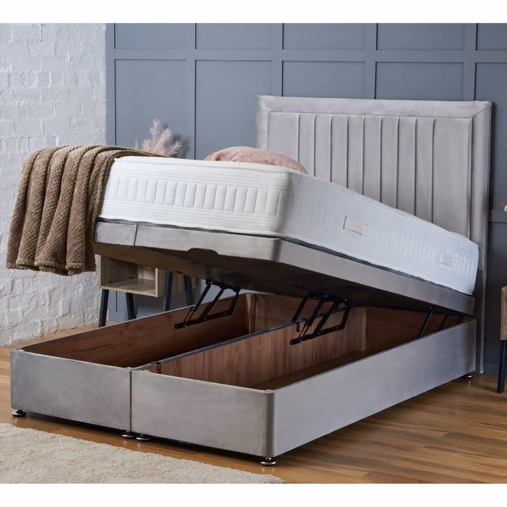 BSSPOKE Double Canes Ottoman Divan Bed with 54 inch Headboard and Mattress in Taupe Beige Plush Velvet – 3