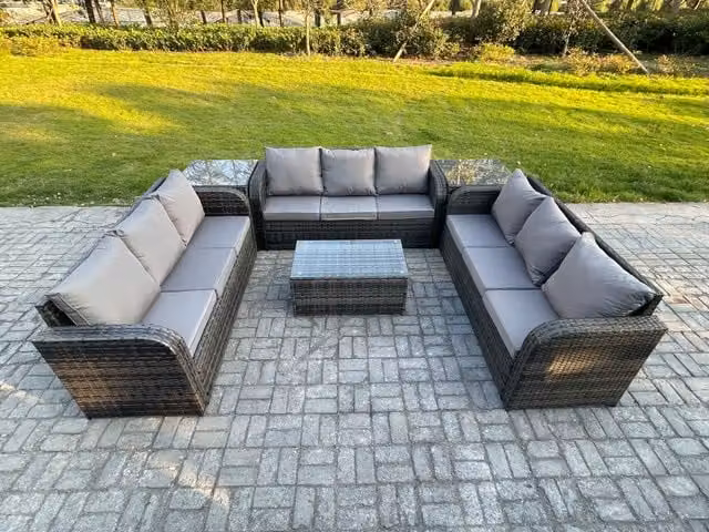 Fimous 9 Seater Rattan Lounge Sofa Set with Rectangular Coffee Table and 2 Side Tables in Dark Grey