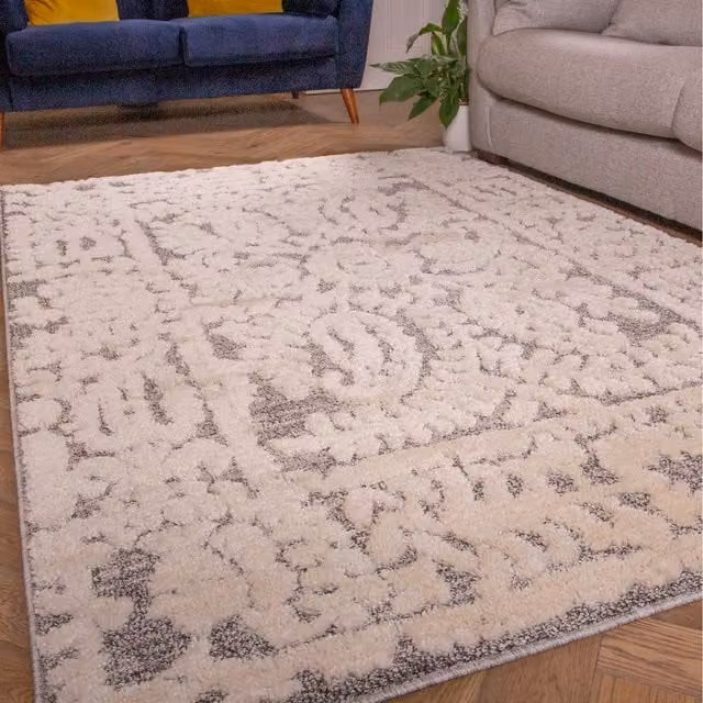 The Rug House Floral Damask Scandi Shaggy Area Rug in Grey and White, W: 170 cm, D: 120 cm
