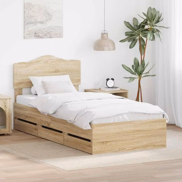 Berkfield Home Sonoma Oak Bed Frame with Drawer, Brown Engineered Wood, W: 100 cm, L: 200 cm – 1