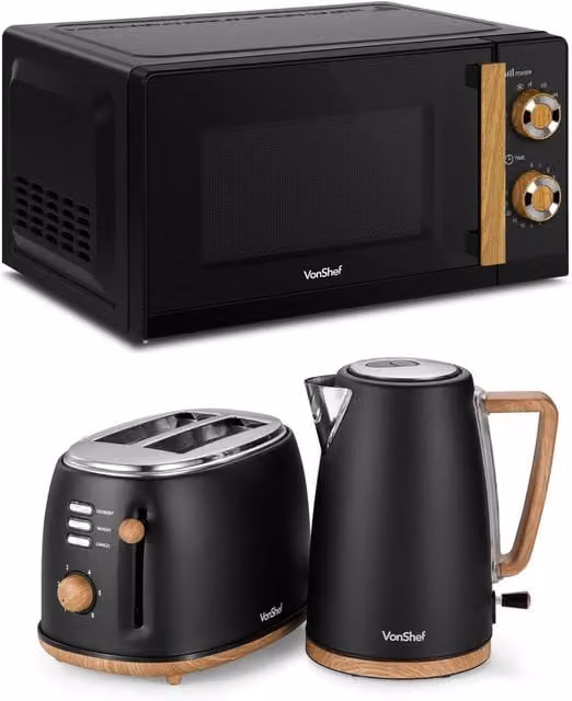 VonShef Black Fika Kitchen Appliance Set with 1.7L Kettle, 2 Slice Toaster and 20L Microwave