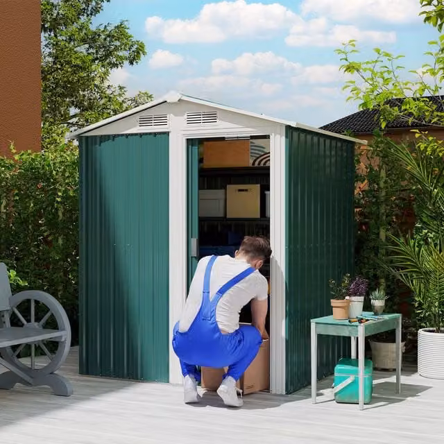 OUTSUNNY Green Metal Outdoor Storage Shed with Sloped Roof and Sliding Door, W/D/H: 131.07 x 131.07 x 188.0 cm