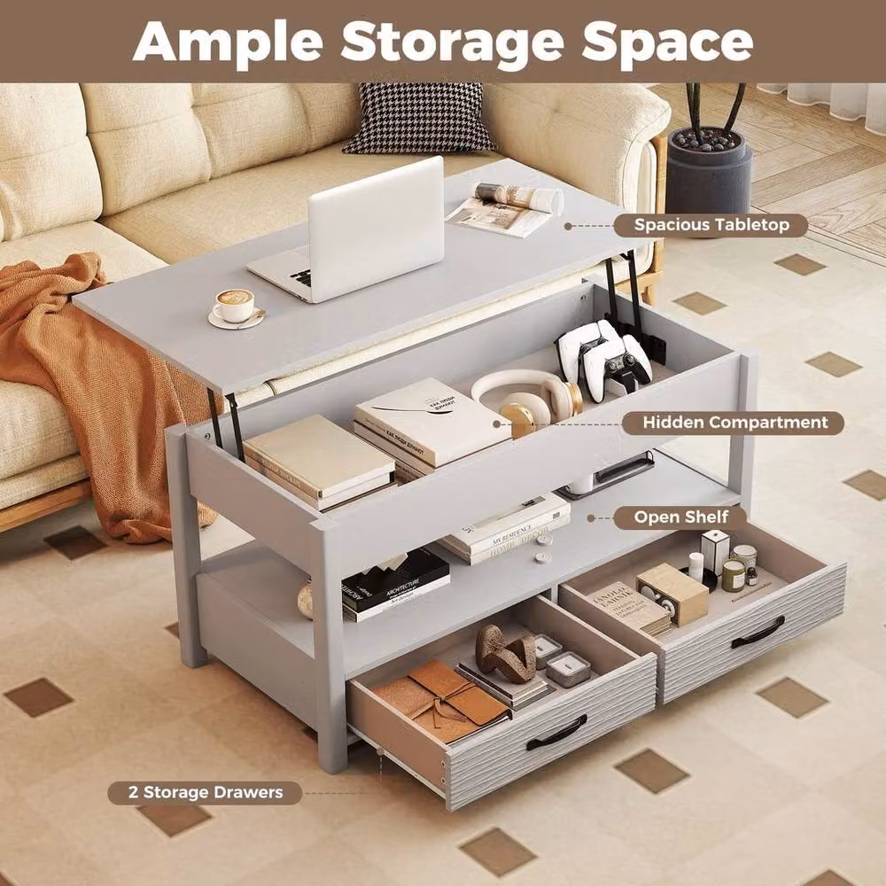 EONLION Modern Grey Rectangular Coffee Table with Lift Mechanism and Storage, Width: 100 cm – 4