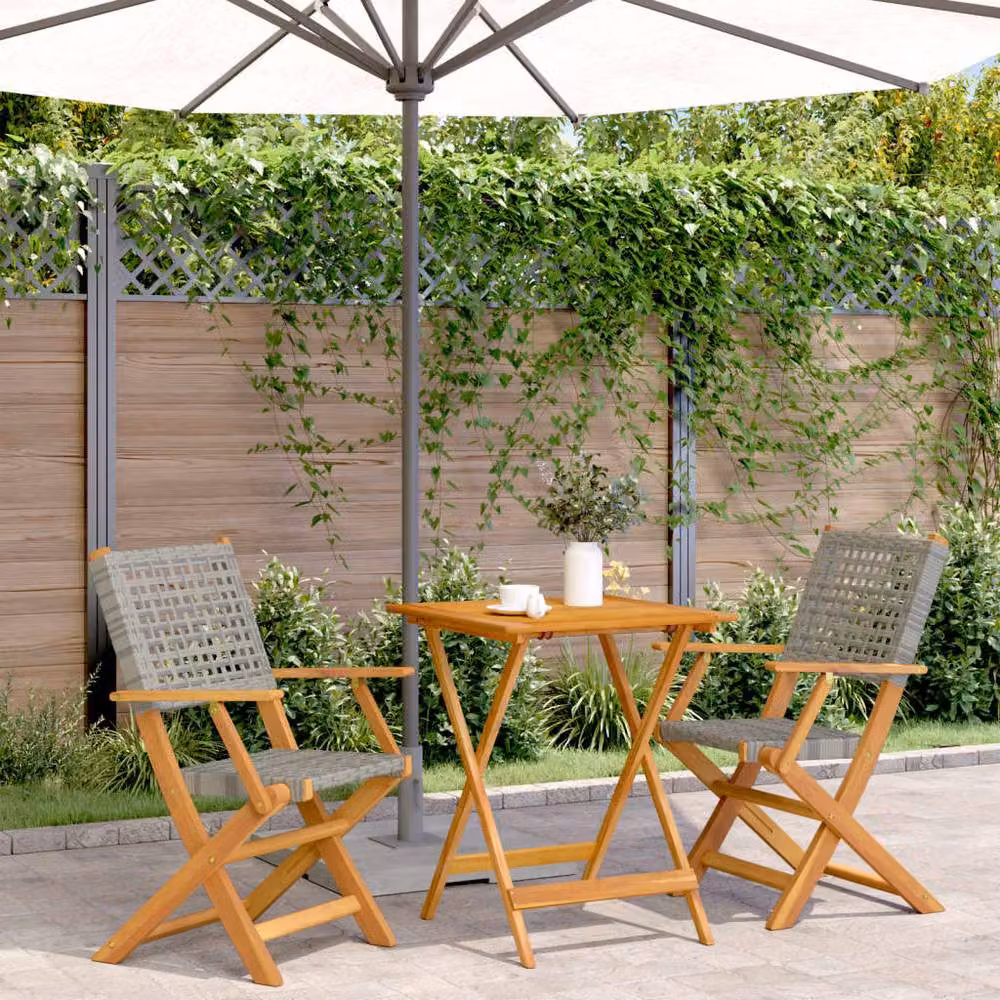 Berkfield Home 3 Piece Grey Poly Rattan and Acacia Wood Bistro Set – 2