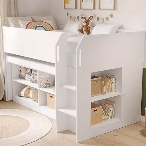Flair Furnishings Kids Mid Sleeper Cabin Bed in White with Desk, Staircase, and Integrated Shelves