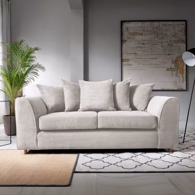 Abakus Direct White Jumbo Cord 3 Seater Upholstered Sofa with Solid Wood Frame and Scatter Cushions