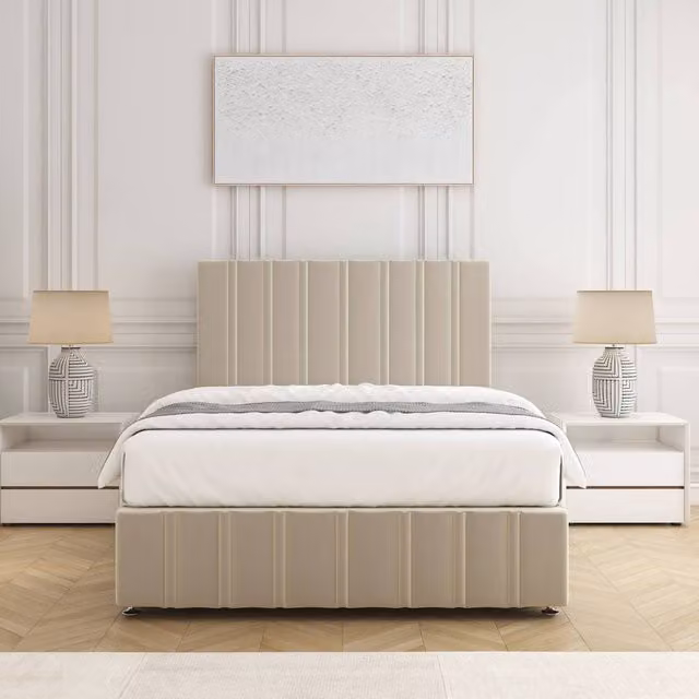 BSSPOKE Isabella Super King Divan Bed Set with 24 inch Headboard and Mattress in Beige Plush Velvet