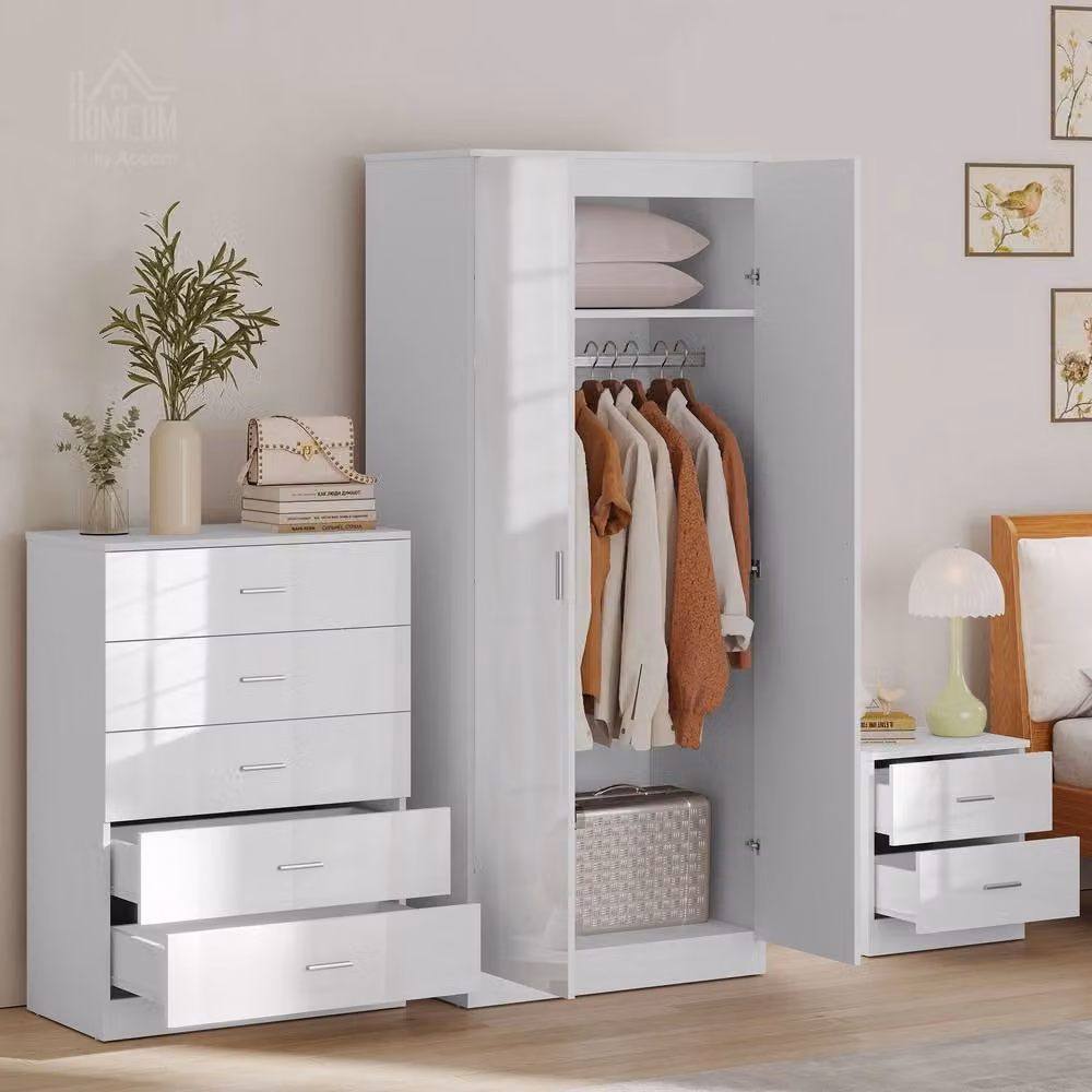 HOMCOM High Gloss White Bedroom Furniture Set Including Wardrobe, Chest of Drawers, Bed and Bedside Table – 2
