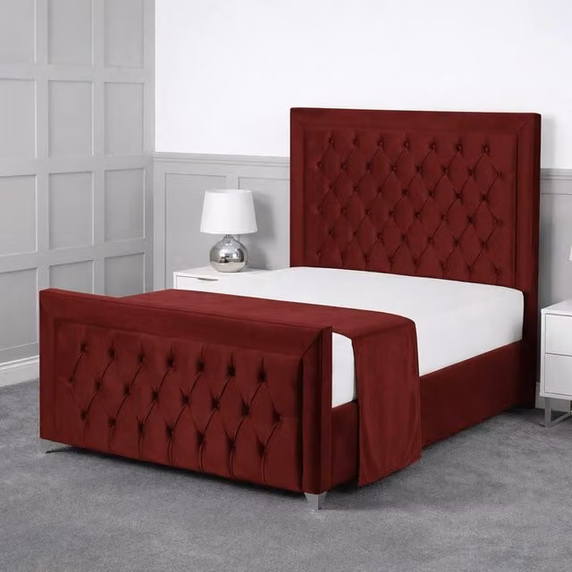 Living Comfort Bedz Ember Plush Velvet Upholstered Bed with Slatted Base and 48 Inch Headboard, Maroon, W/D/H: 120 x 200 cm – 1