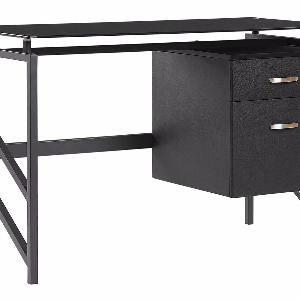 Wyld and Coco Black Writing Desk with Tempered Glass Top and Metal Frame, W: 117 cm, D: 57 cm, H: 76 cm – 2