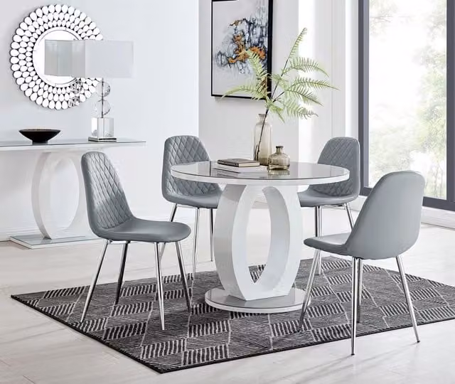 FurnitureboxUK Giovani Round 4 Seat Dining Set with Grey Glass Top and 4 Silver Corona Faux Leather Chairs, Diameter: 100 cm, H: 75 cm