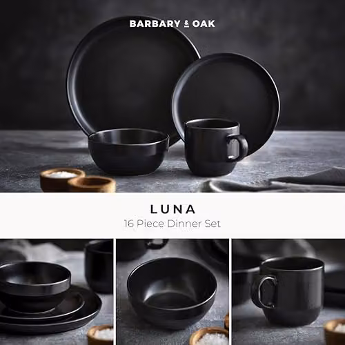 Barbary & Oak Cascade 16 Piece Stoneware Dinner Set in Black, Microwave and Dishwasher Safe – 4