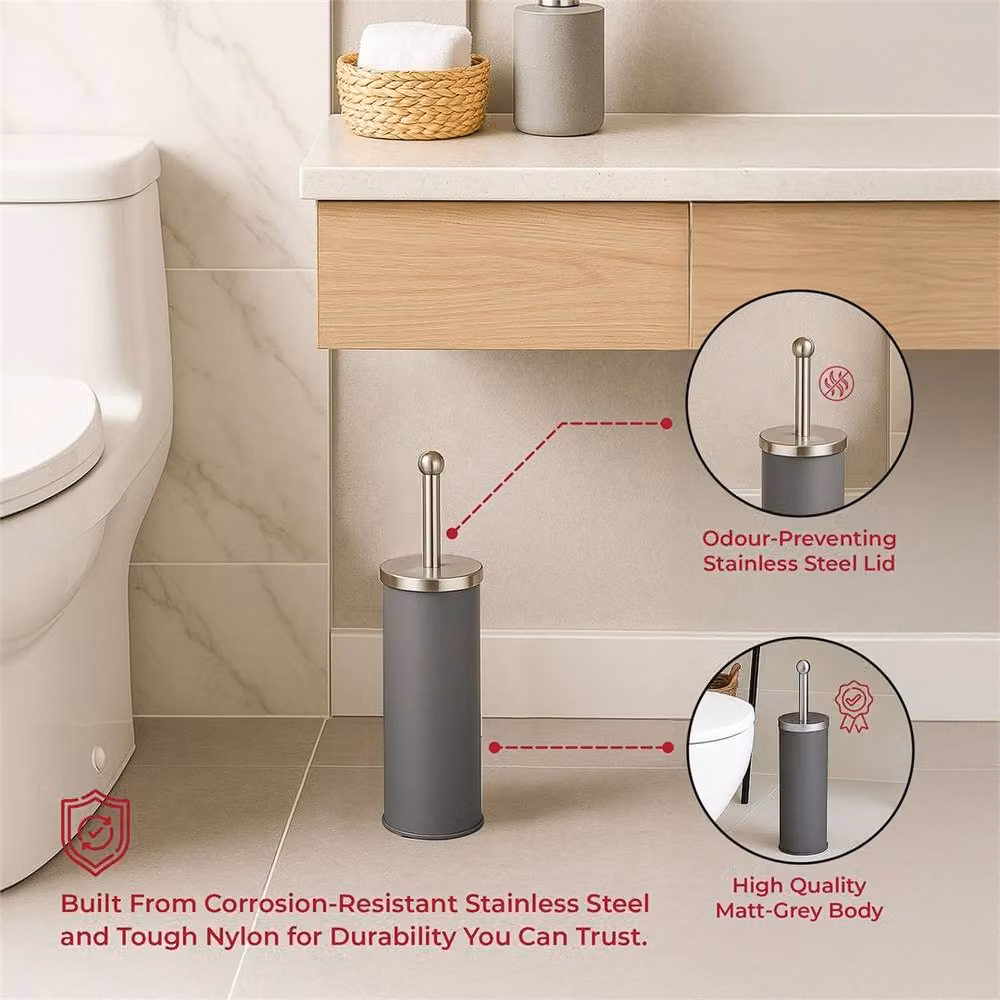 VOGREX Grey Stainless Steel Toilet Brush Set with Matt Covered Holder – 2