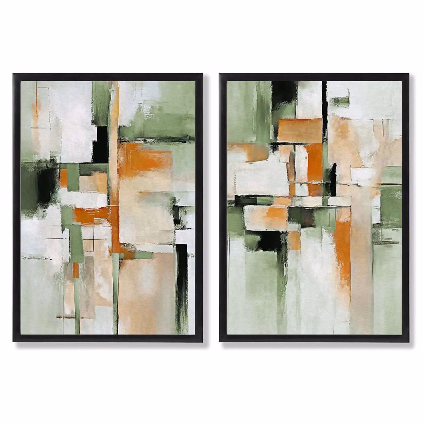 ARTZE Set of 2 Abstract Green and Orange Art Prints in Black Wood Frames, W: 50 cm, H: 70 cm – 2