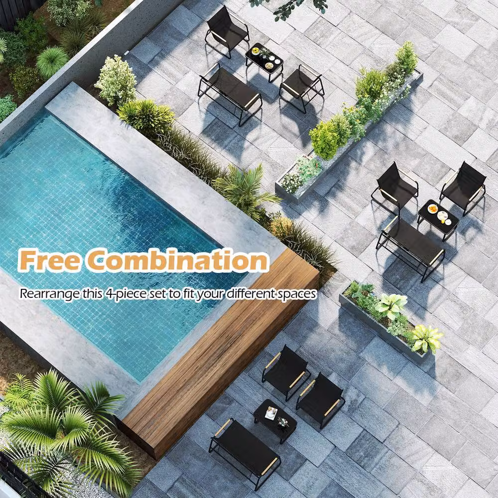 Gymax 4-Piece Modern Outdoor Furniture Set in Grey with Glass Coffee Table, 2-Seater Sofa, Armchair and Upholstered Cushions – 5