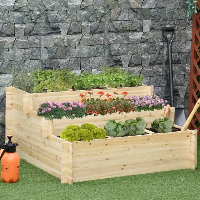 Outsunny 3 Tier Wooden Raised Garden Bed Planter in Brown and Black