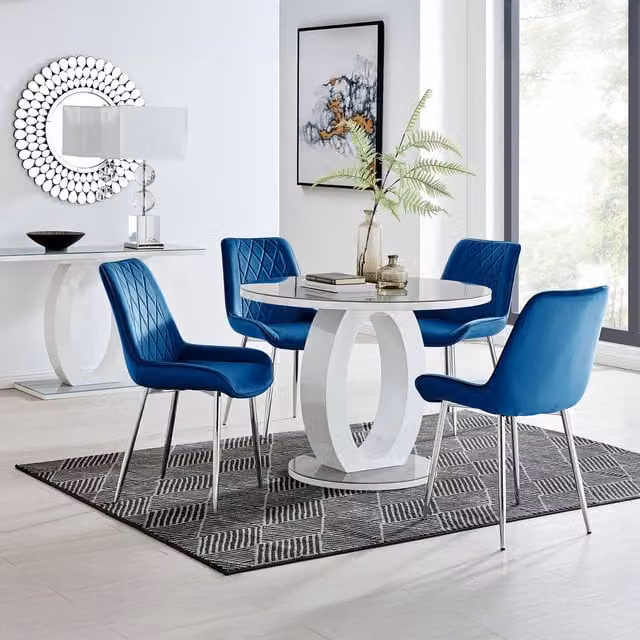 FurnitureboxUK Giovani Round Grey Glass Dining Table with 4 Blue Pesaro Silver Leg Chairs, Diameter: 120 cm