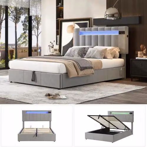 Matteo Grey Velvet Upholstered Hydraulic Double Bed with USB Charging Port and Under-bed Lighting, W: 135 cm, L: 190 cm – 7