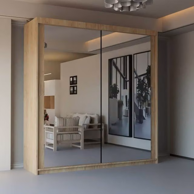 Sliding Wardrobes 4U Modern Double Sliding Door Wardrobe in Light Oak, W: 100 cm, H: 217 cm