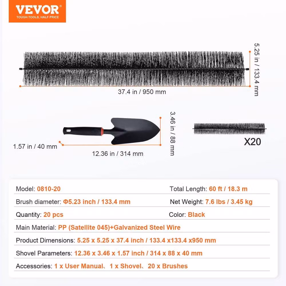 VEVOR 20 Pack Durable Black Galvanised Steel Gutter Brushes – 4