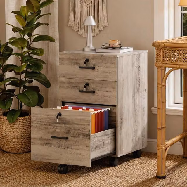 EONLION Grey Wooden 3-Drawer Rolling File Cabinet Organiser