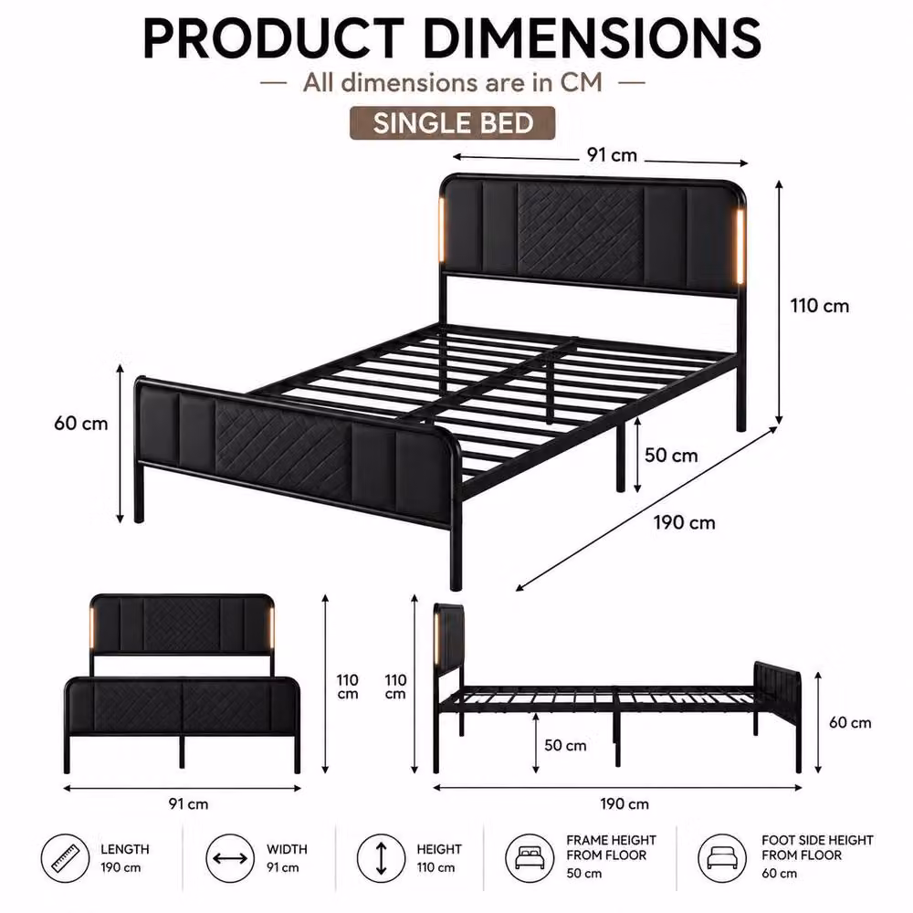 MN Furniture Black Upholstered LED Bed Frame with Geometric Quilted Headboard, W: 91 cm, L: 190 cm – 3