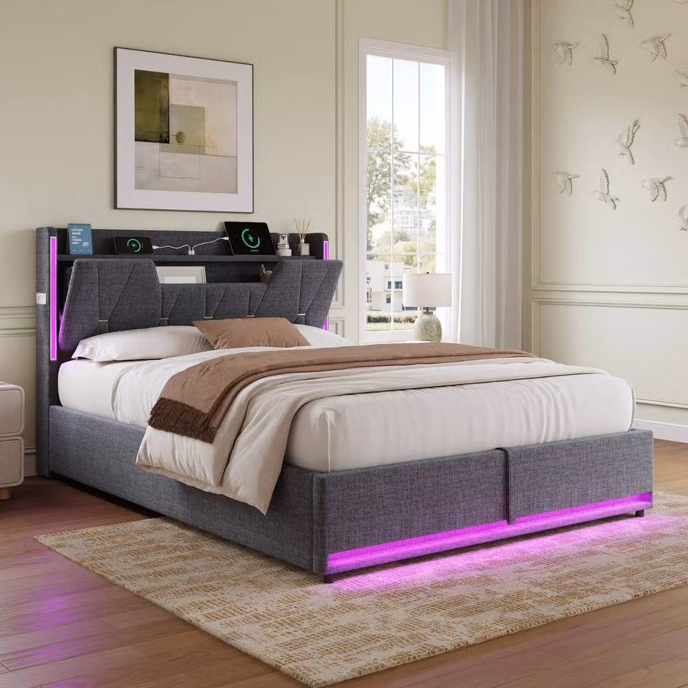 Rolipo Double Upholstered Bed Frame in Grey Linen with Hydraulic Storage, LED Lighting and USB Charging Port, W/D/H: 140 x 200 cm – 4
