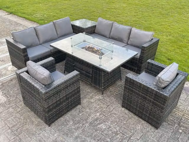 Fimous PE Rattan Garden Corner Furniture Set with Gas Fire Pit Table and Upholstered Lounge Chairs in Dark Grey