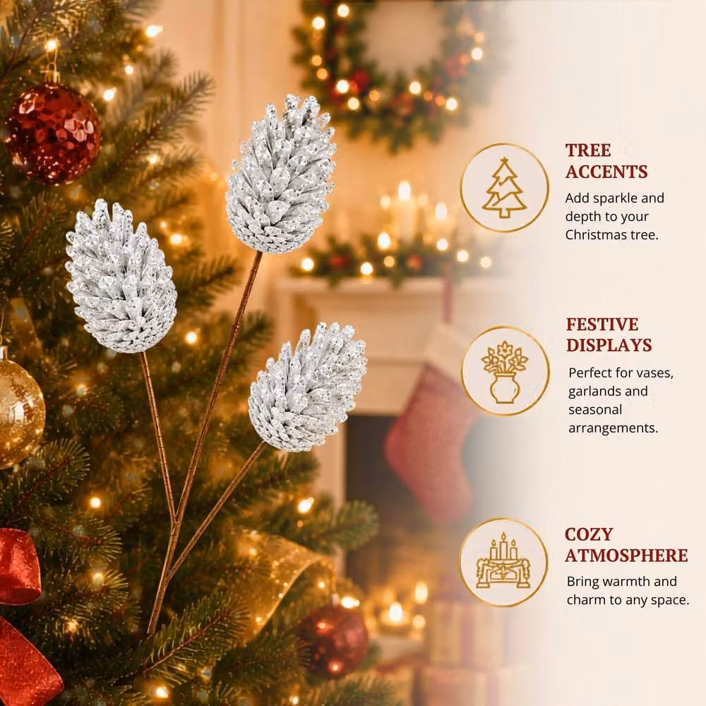 Shatchi Glitter Silver Pine Cone Christmas Picks, 6 Pack, Height: 58 cm – 5
