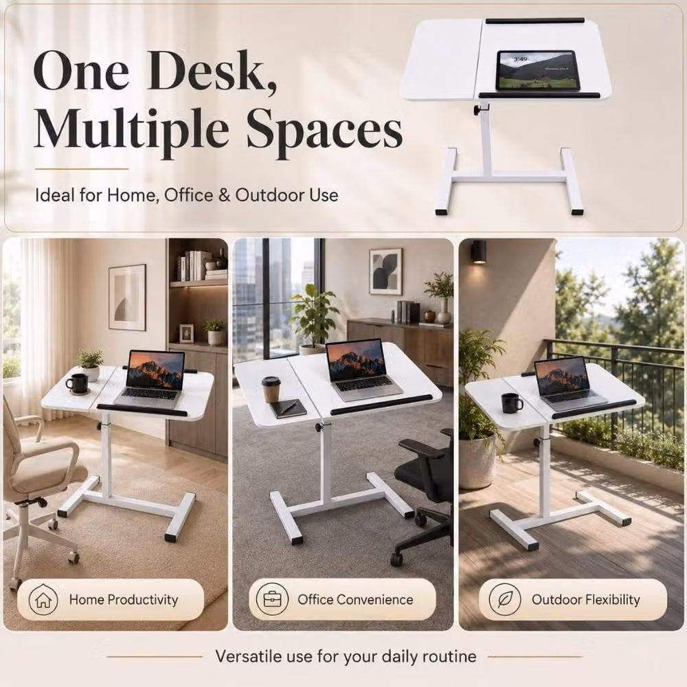 MANTRARAJ Adjustable Height Office Desk with Moveable Top and Castors, White – 4