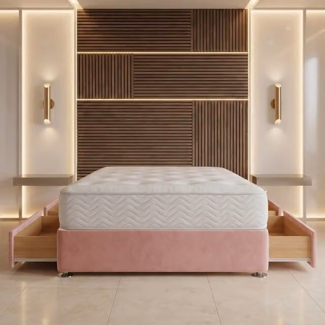 Somnior Beds Ltd Pink Plush Velvet Divan Bed Base with Drawers, W/D/H: 120 x 200 x 34.5 cm