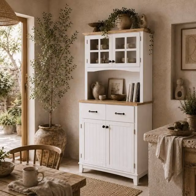 Wyld Haus Fidipa White Wooden Kitchen Cupboard with Glass Doors and Internal Shelves – 1