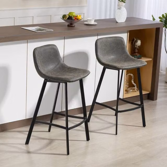 HOMCOM Set of 2 Grey PU Leather Upholstered Bar Stools with Backrest and Metal Legs – 1