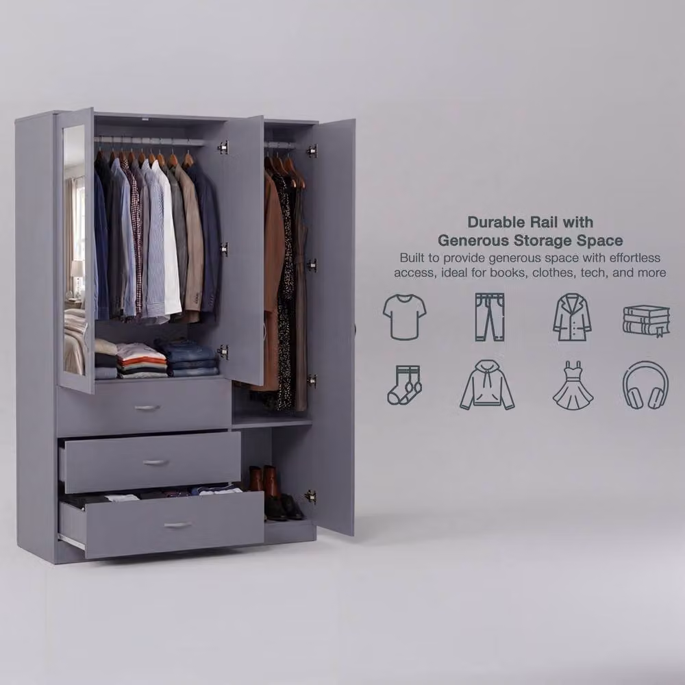 Vida Designs Riano 3 Door 3 Drawer Mirrored Wardrobe in Grey – 3
