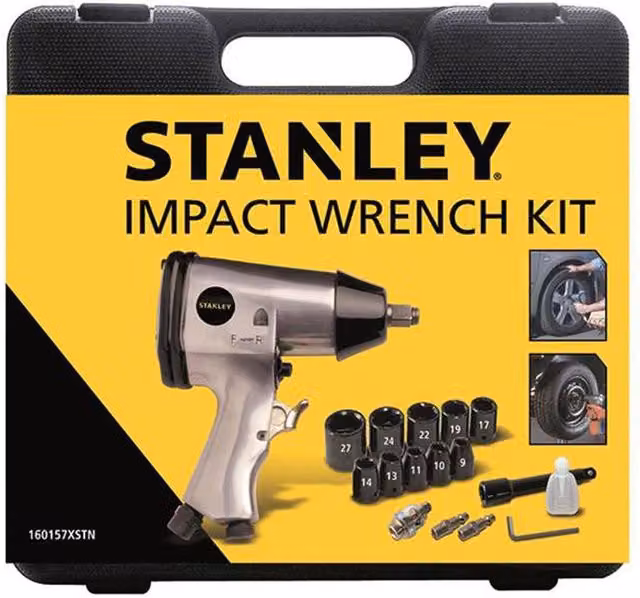 Stanley 1/2in Impact Wrench Kit with 10 Sockets 9-27mm in Silver