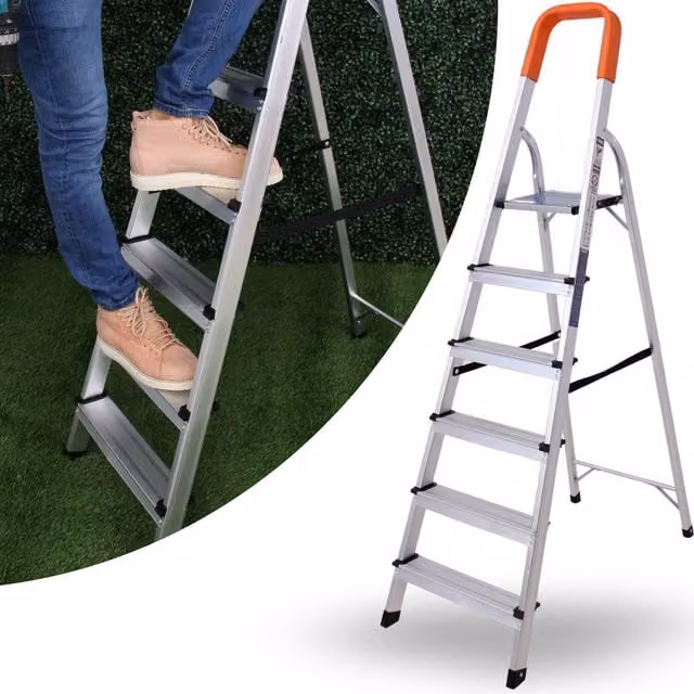 NOVECRAFTO 6 Step Lightweight Aluminium Folding Ladder in Orange and Silver