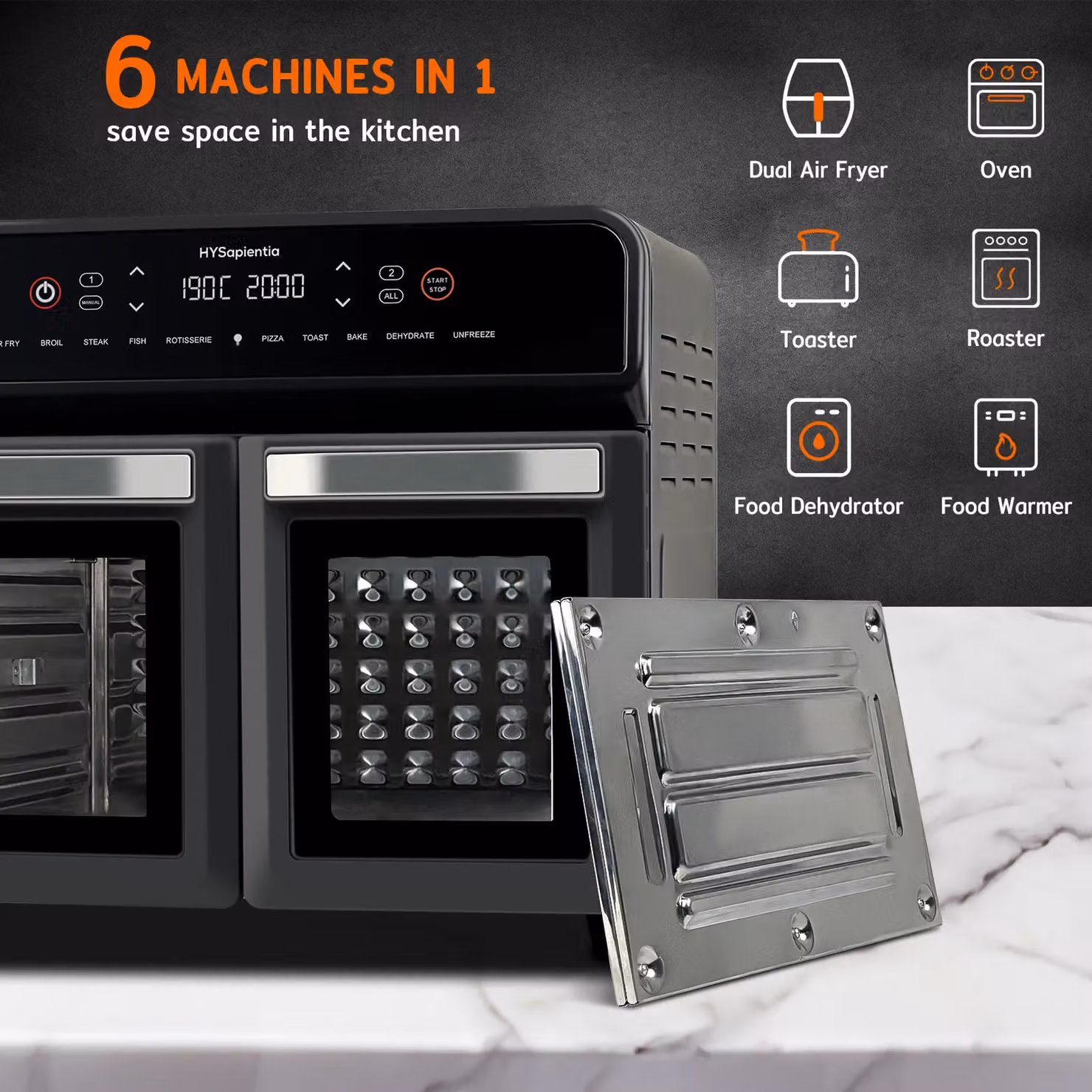 HYSapientia 22L Dual Zone Air Fryer Oven with Rotisserie, 2400W 10-in-1, Black – 6