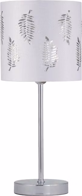 First Choice Lighting Chrome Stick Table Lamp with White Fabric Shade in Silver – 1