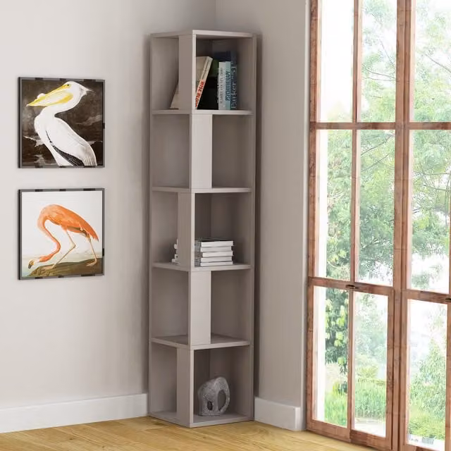 Decortie Piano Modern 5-Tier Corner Bookcase Shelving Unit in Grey