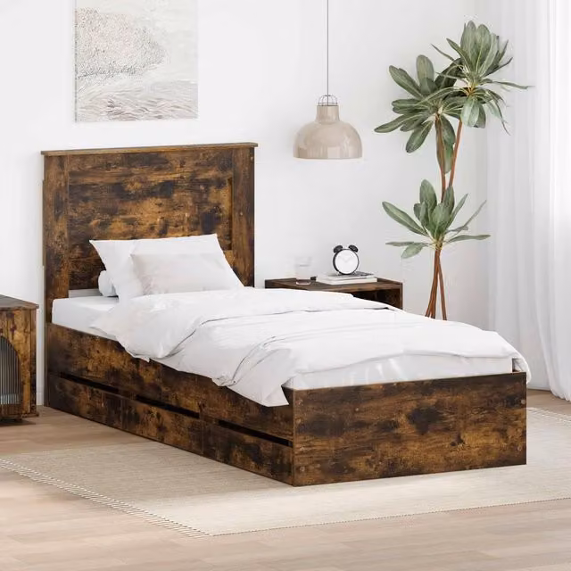 Berkfield Home Modern Bed Frame with Drawer in Smoked Oak Brown, W/D/H: 90 x 190 cm – 1