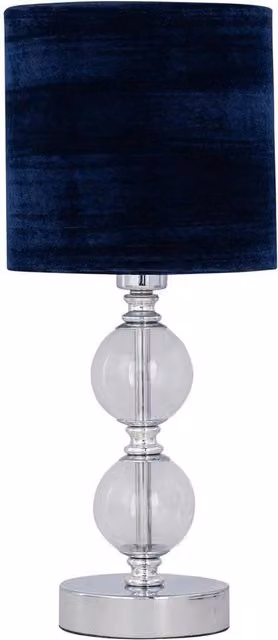 First Choice Lighting Chrome Two Ball Table Lamp with Navy Blue Crushed Velvet Shade – 1