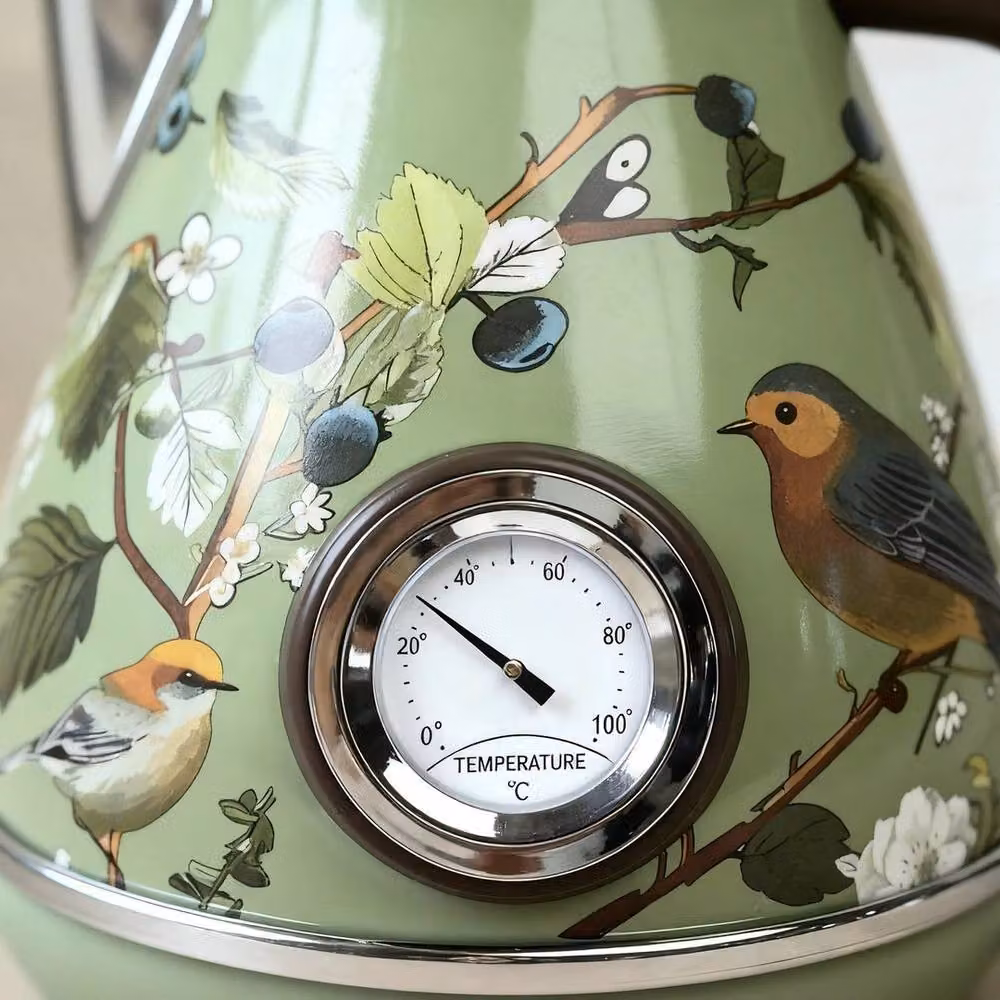 NESTLUNE Retro Bird Print Electric Kettle with Thermometer in Green Stainless Steel, 1000ml – 5