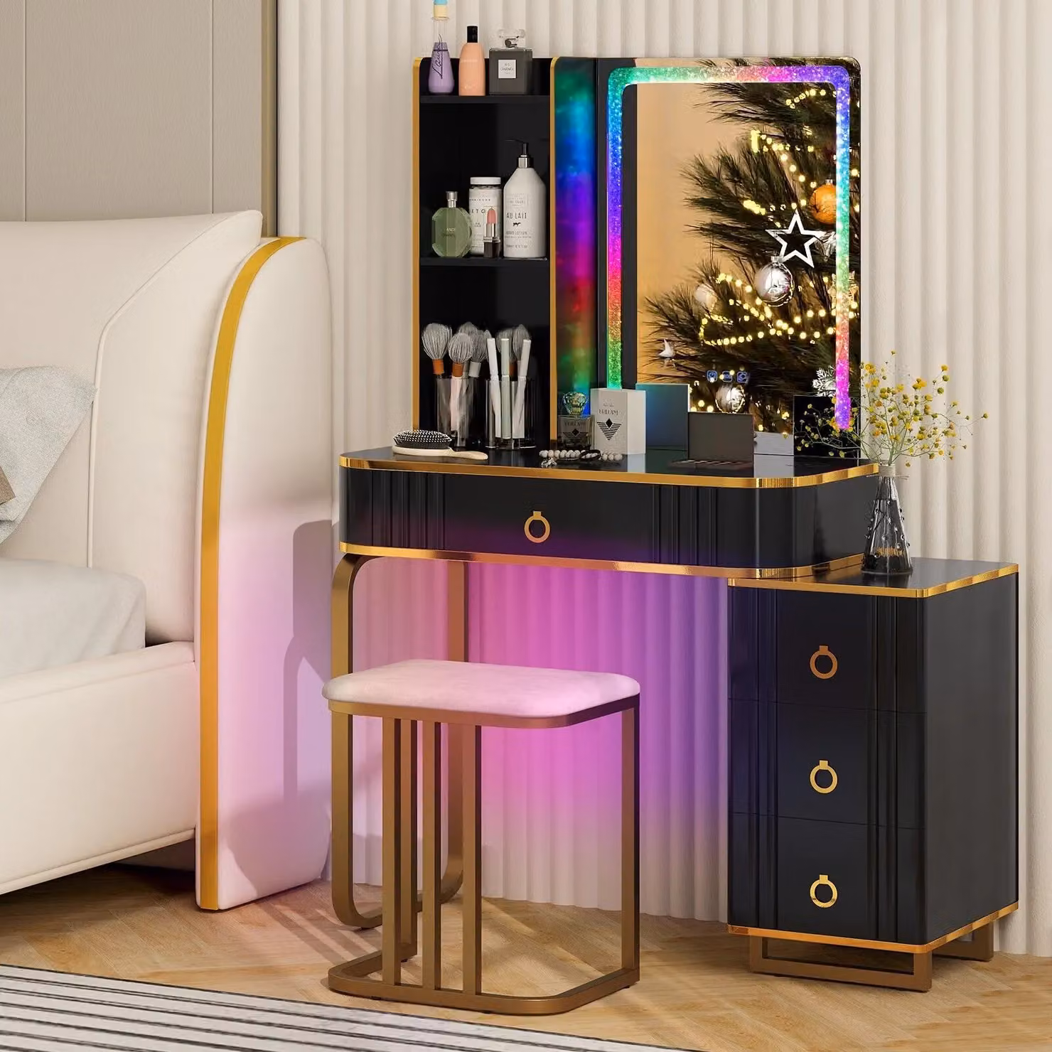 Gymax Dressing Table and Stool Set with 7-Mode Hollywood LED Mirror and Charging Station in Black – 3