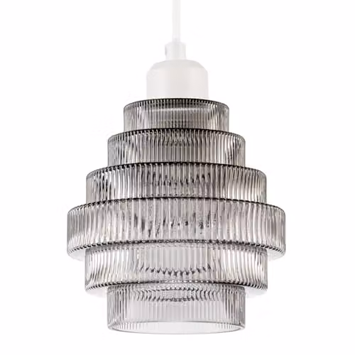 Happy Homewares Tiered Stepped Smoked Ribbed Glass Pendant Ceiling Light Shade in Grey, W: 16 cm, D: 15 cm, H: 15 cm