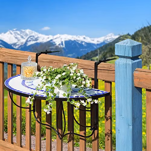 tectake Hanging Mosaic Balcony Table with Steel Frame, White/Blue/Multicolour, W/D/H: 75 x 65 x 62 cm – 2